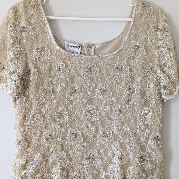 80s Beige Beaded Prom Dress Peplum Dress Floral Lace Formal Gown Vintage Dress - Picture 9 of 14